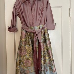 Teri Jon Pink A-Line Dress with Notched Collar and 3/4 Cuffed Sleeves